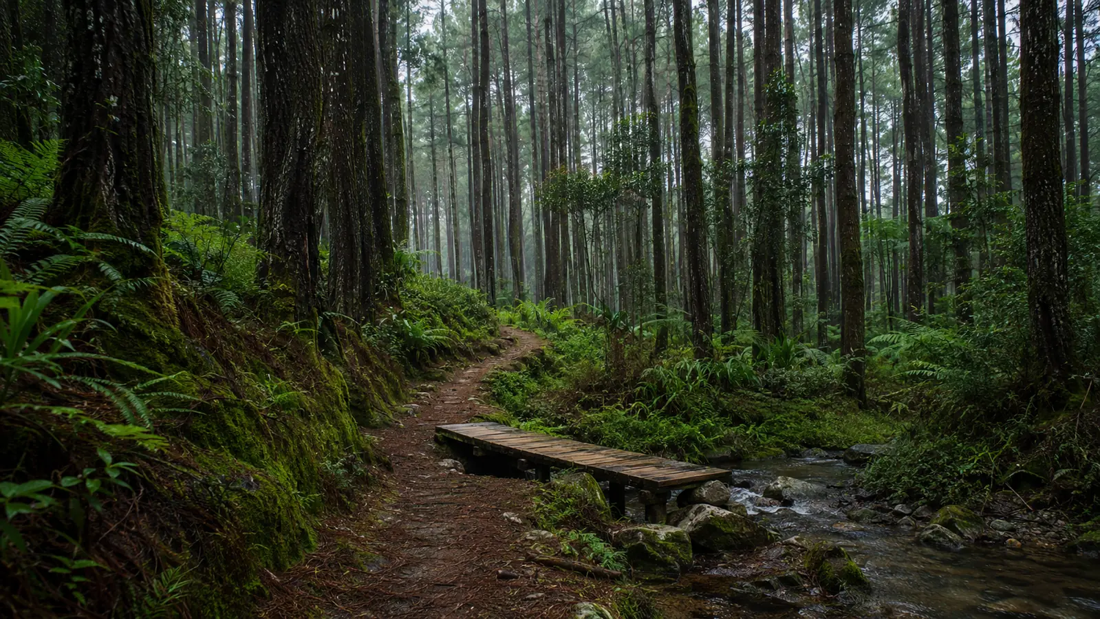 Hutan Pinus Rahong yang berkabut pada pagi hari
