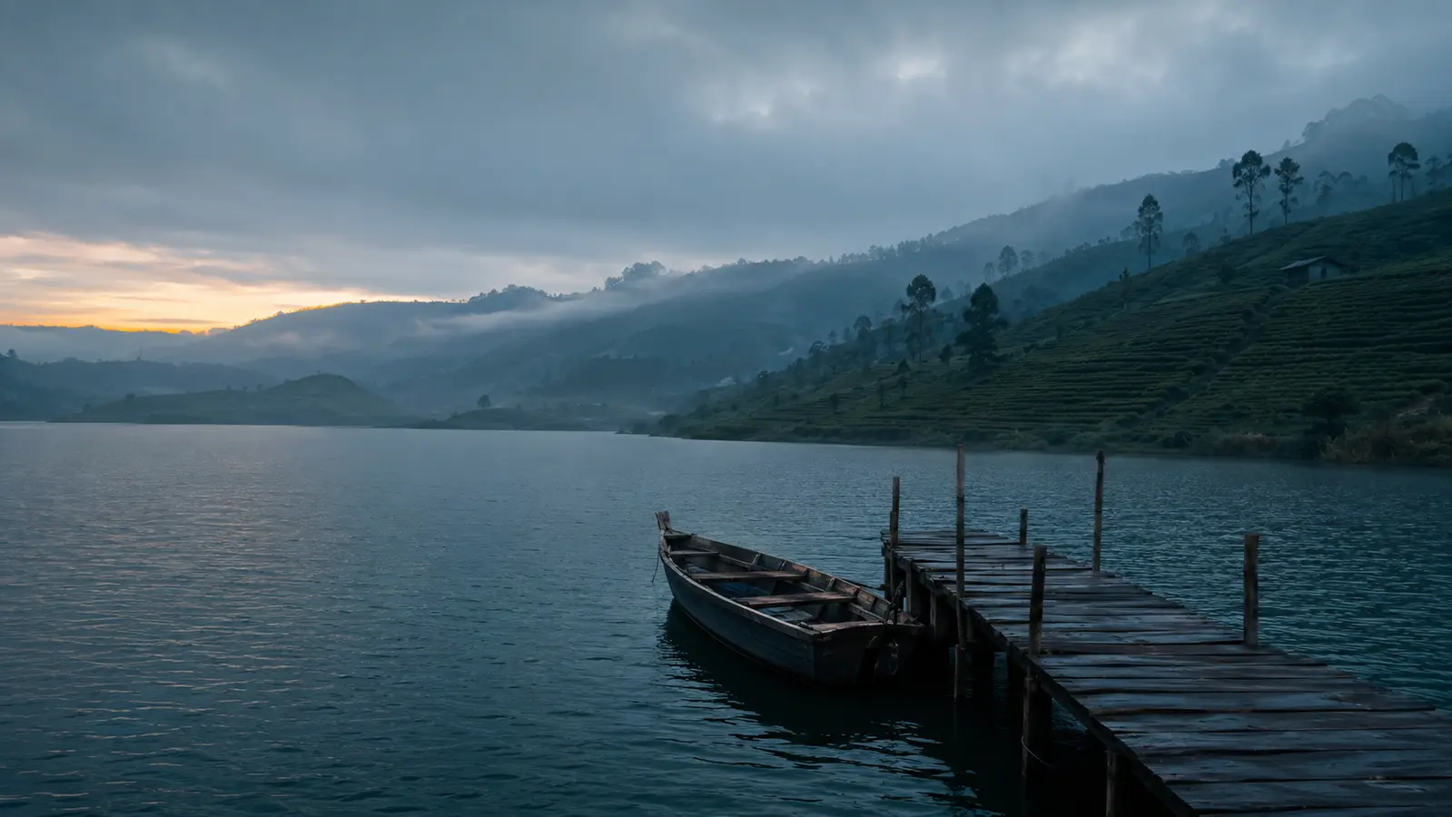 Situ Cileunca pada blue hour dikelilingi perbukitan